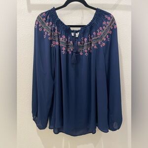 Meera Lane Embroidered Boho Navy Blue Women's Plus size Top 2XL